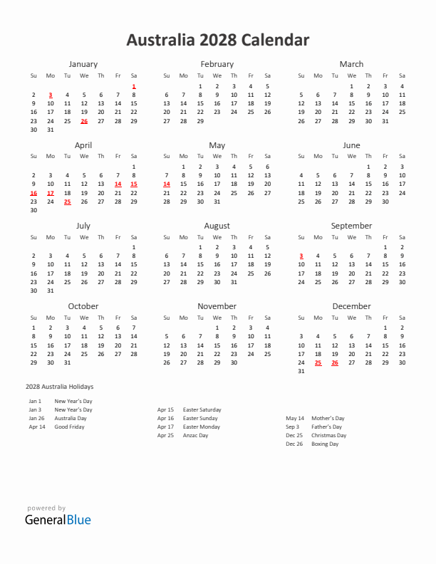 2028 Yearly Calendar Printable With Australia Holidays