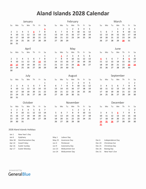 2028 Yearly Calendar Printable With Aland Islands Holidays