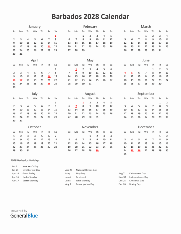 2028 Yearly Calendar Printable With Barbados Holidays