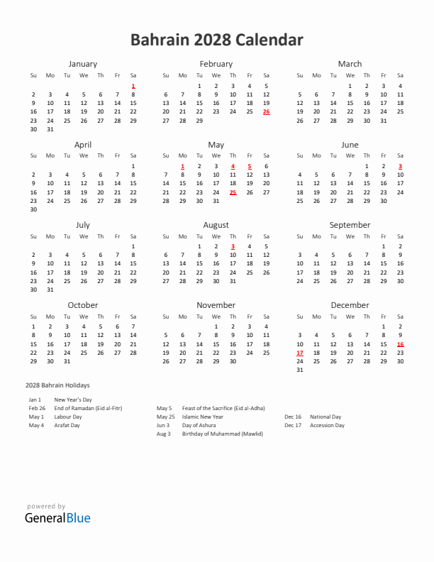 2028 Yearly Calendar Printable With Bahrain Holidays