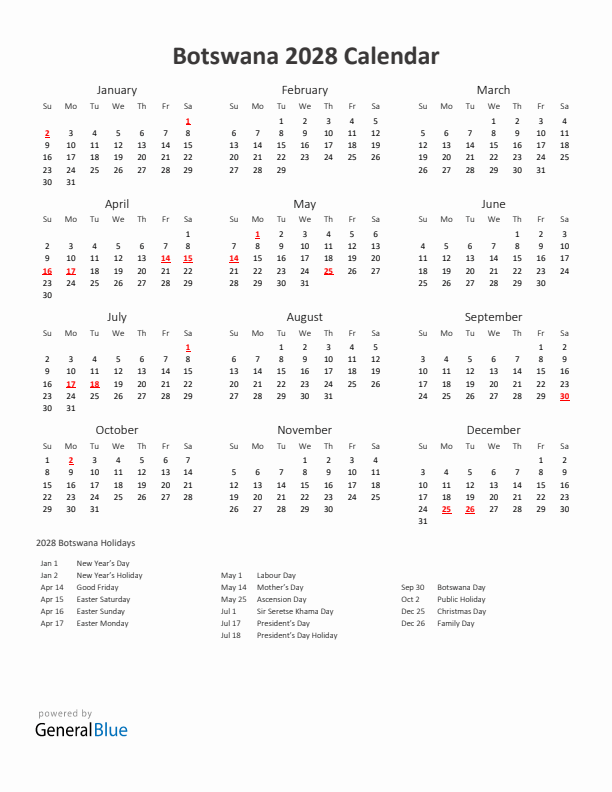 2028 Yearly Calendar Printable With Botswana Holidays