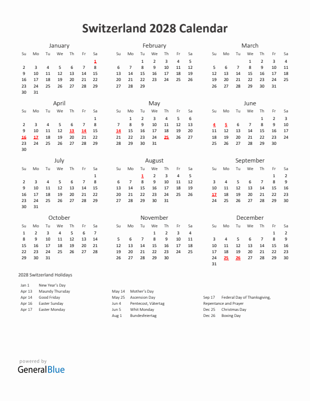 2028 Yearly Calendar Printable With Switzerland Holidays