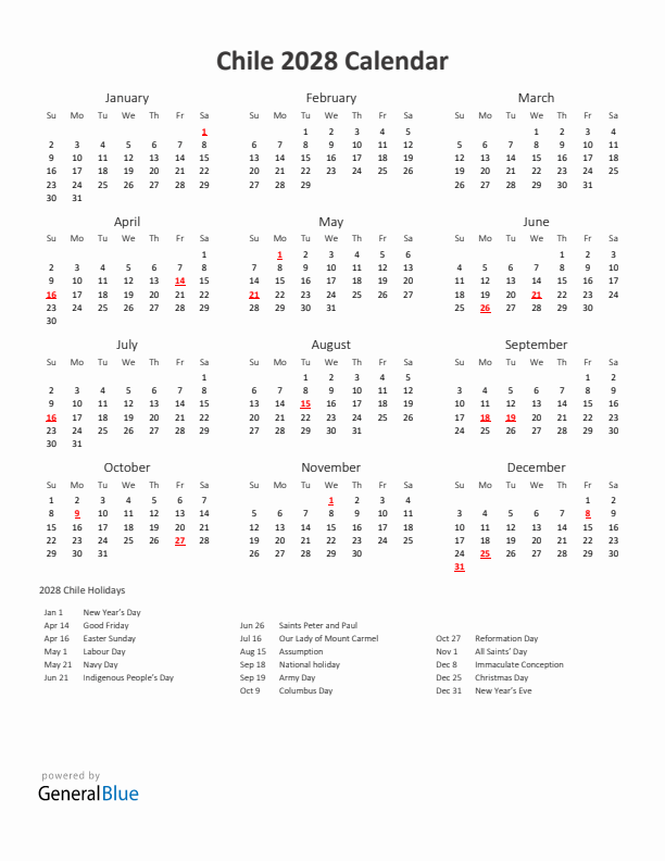 2028 Yearly Calendar Printable With Chile Holidays