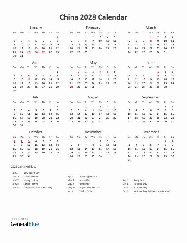 2028 Yearly Calendar Printable With China Holidays