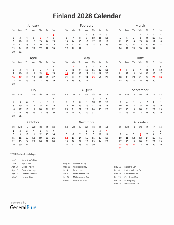 2028 Yearly Calendar Printable With Finland Holidays