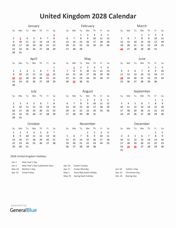 2028 Yearly Calendar Printable With United Kingdom Holidays