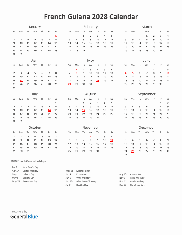 2028 Yearly Calendar Printable With French Guiana Holidays