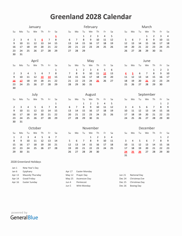 2028 Yearly Calendar Printable With Greenland Holidays