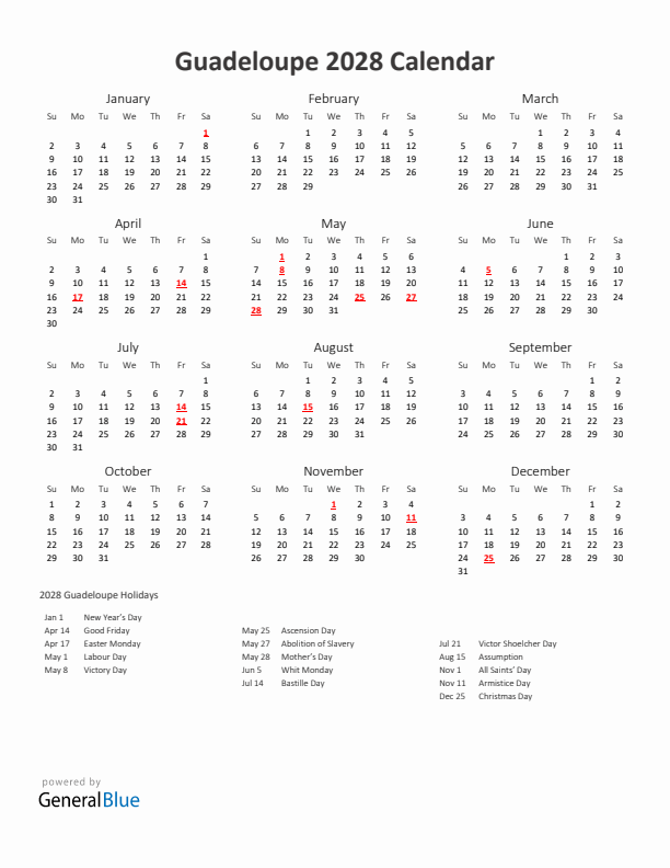 2028 Yearly Calendar Printable With Guadeloupe Holidays