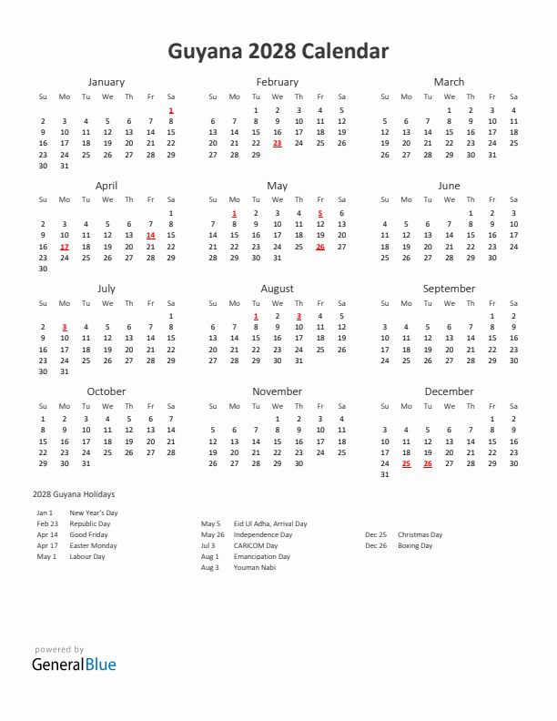 2028 Yearly Calendar Printable With Guyana Holidays