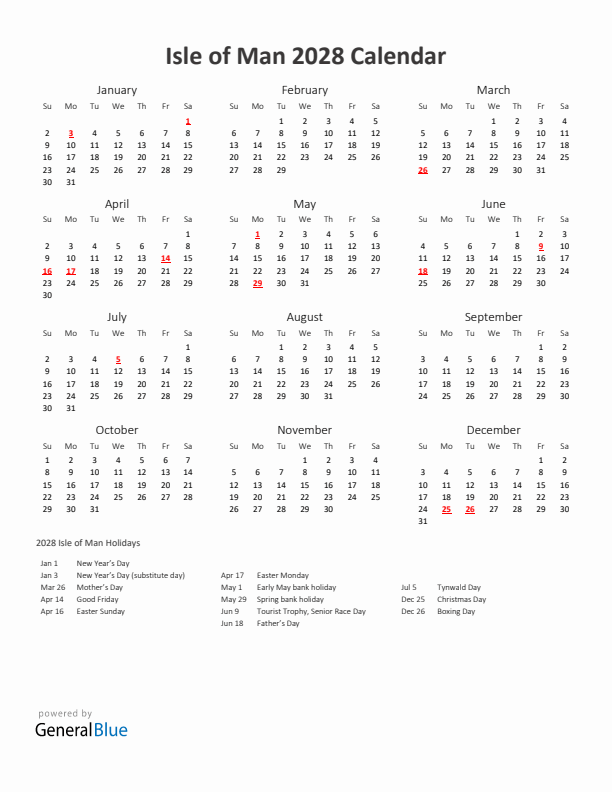 2028 Yearly Calendar Printable With Isle of Man Holidays