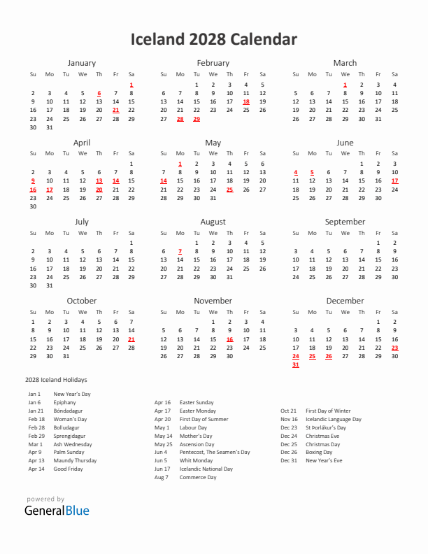 2028 Yearly Calendar Printable With Iceland Holidays