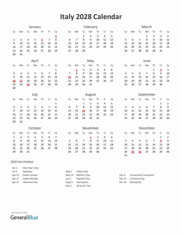 2028 Yearly Calendar Printable With Italy Holidays