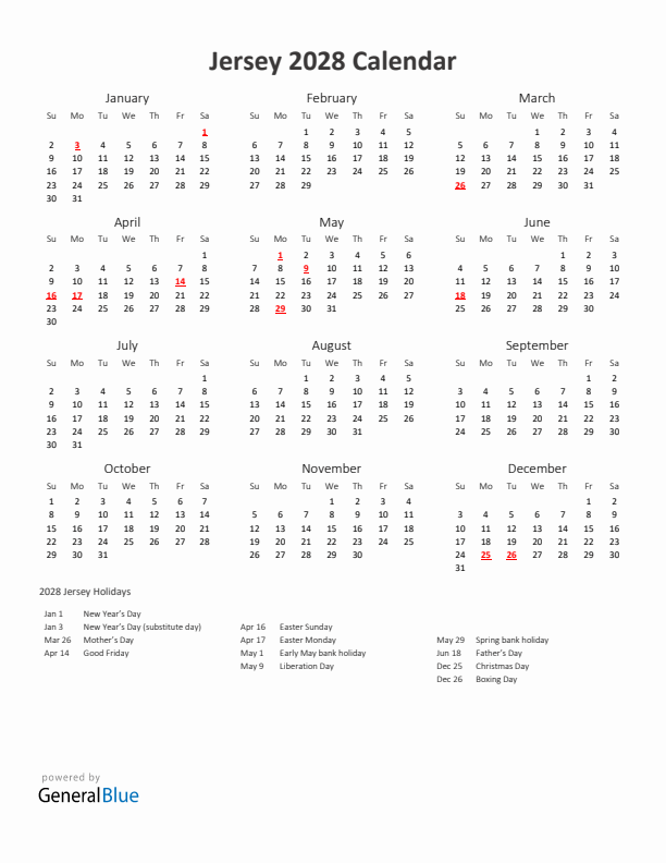 2028 Yearly Calendar Printable With Jersey Holidays