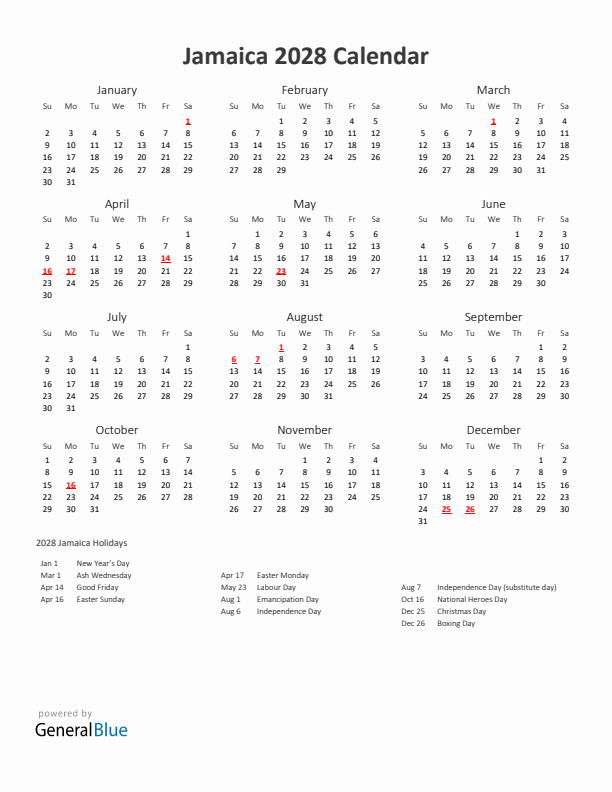 2028 Yearly Calendar Printable With Jamaica Holidays