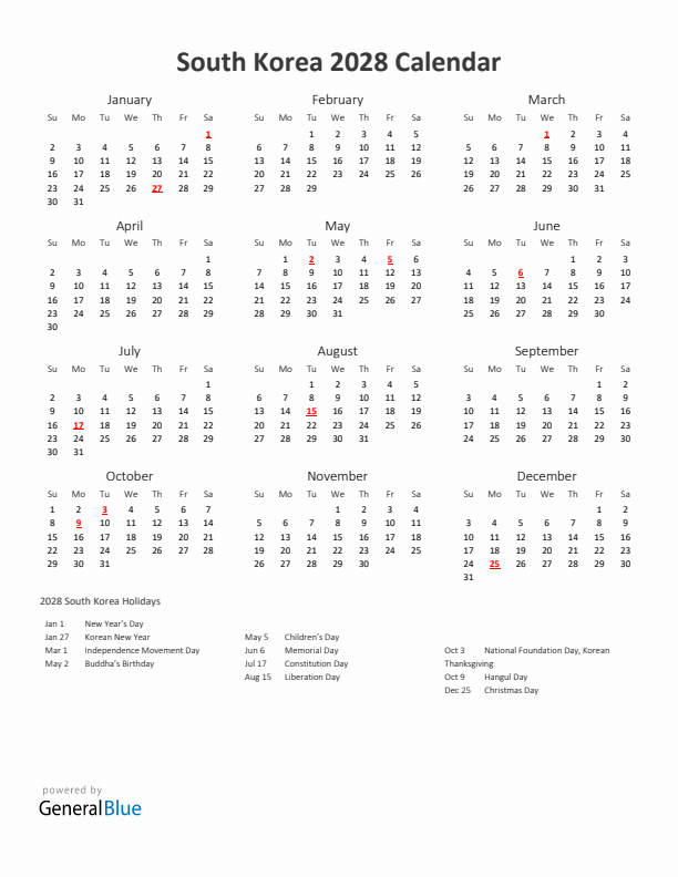 2028 Yearly Calendar Printable With South Korea Holidays