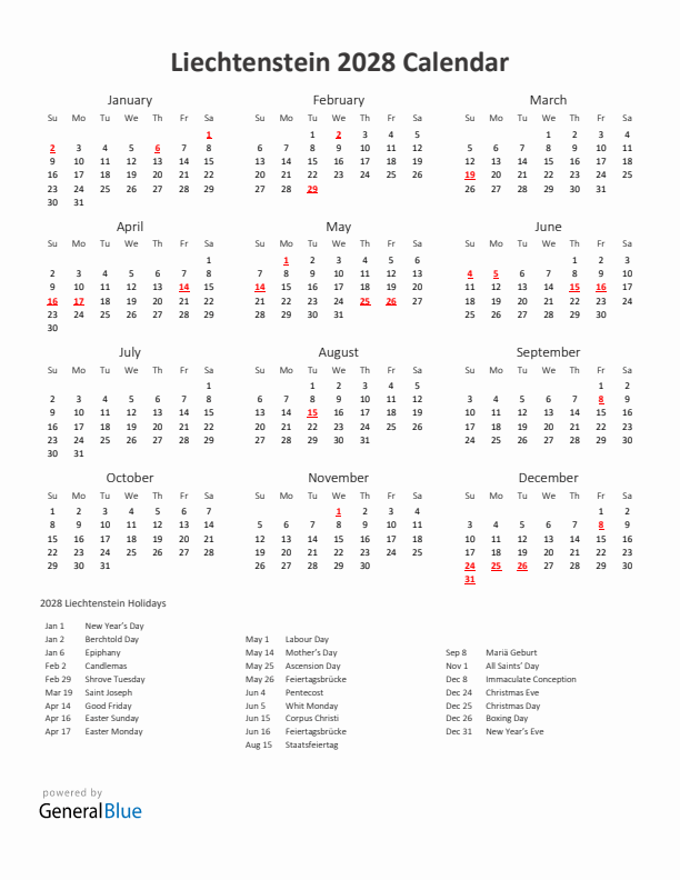 2028 Yearly Calendar Printable With Liechtenstein Holidays