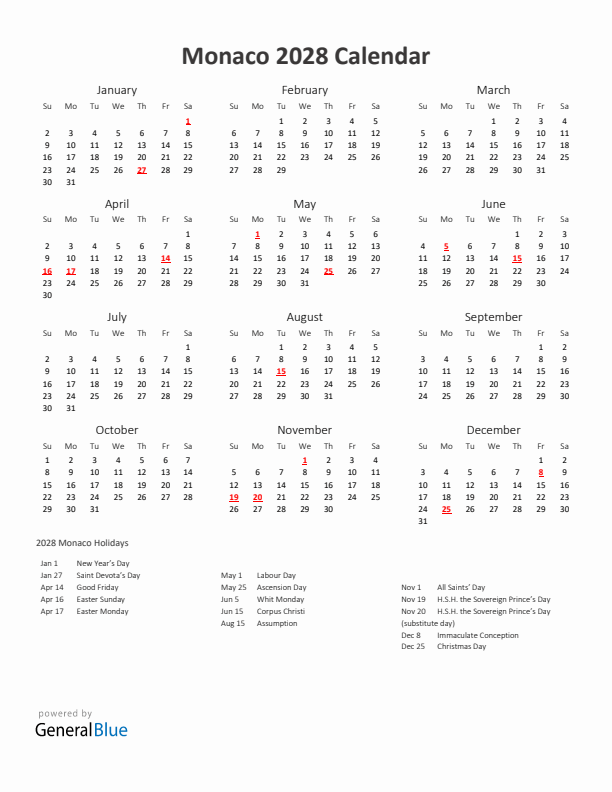 2028 Yearly Calendar Printable With Monaco Holidays