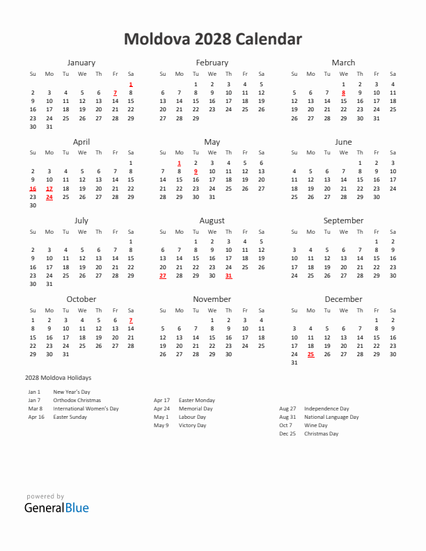 2028 Yearly Calendar Printable With Moldova Holidays