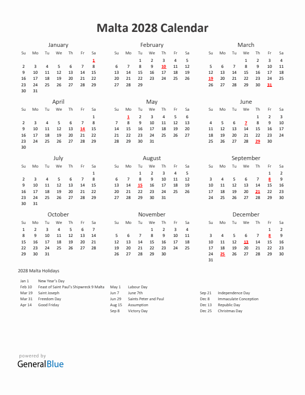 2028 Yearly Calendar Printable With Malta Holidays