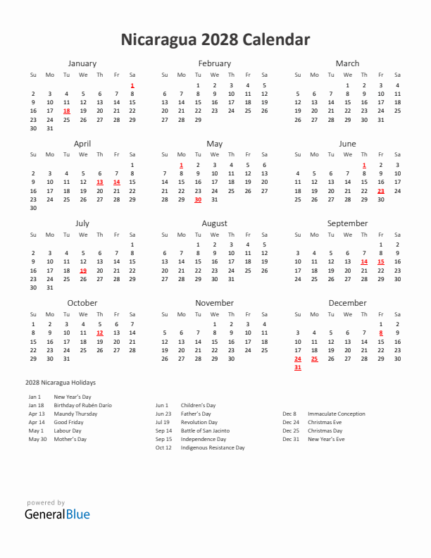 2028 Yearly Calendar Printable With Nicaragua Holidays