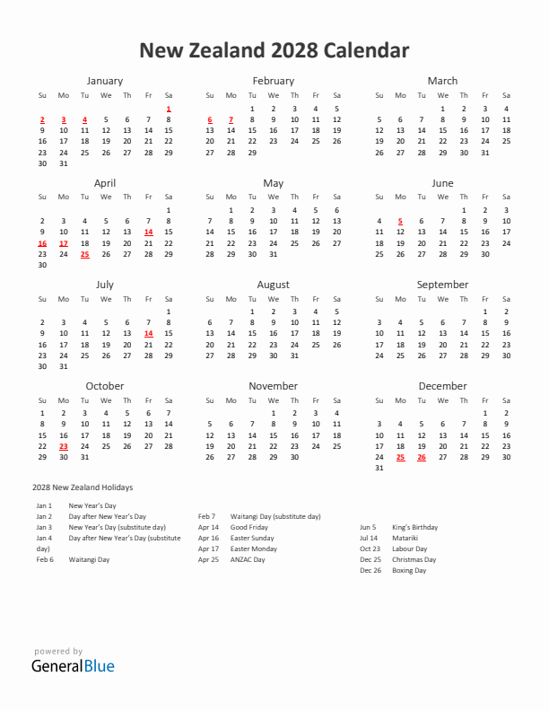 2028 Yearly Calendar Printable With New Zealand Holidays