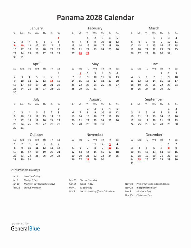 2028 Yearly Calendar Printable With Panama Holidays