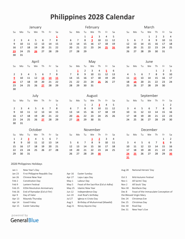 2028 Yearly Calendar Printable With Philippines Holidays