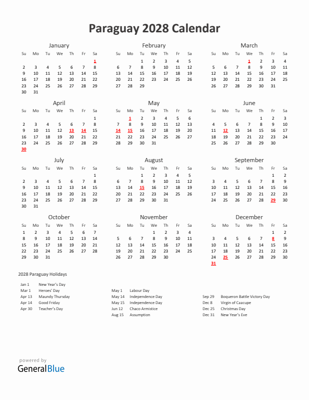 2028 Yearly Calendar Printable With Paraguay Holidays