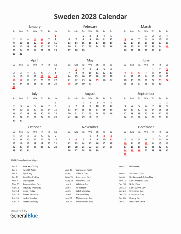 2028 Yearly Calendar Printable With Sweden Holidays