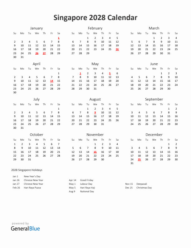 2028 Yearly Calendar Printable With Singapore Holidays