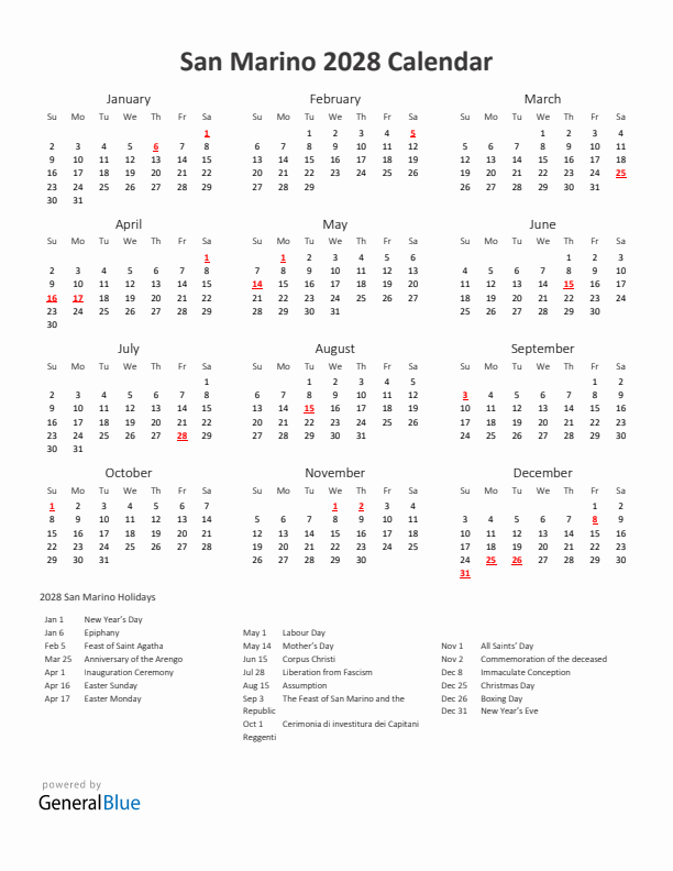 2028 Yearly Calendar Printable With San Marino Holidays