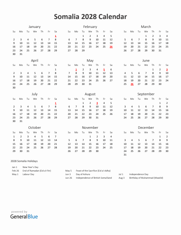 2028 Yearly Calendar Printable With Somalia Holidays