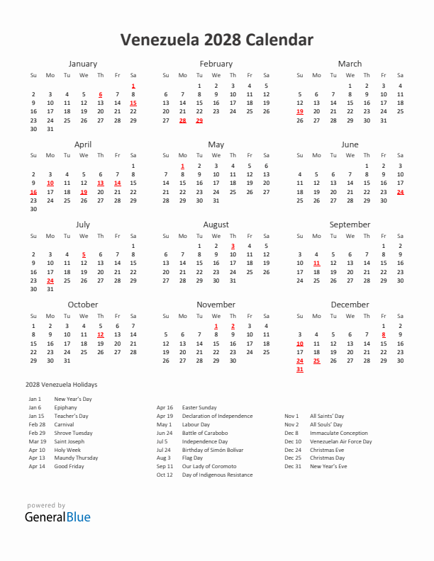 2028 Yearly Calendar Printable With Venezuela Holidays