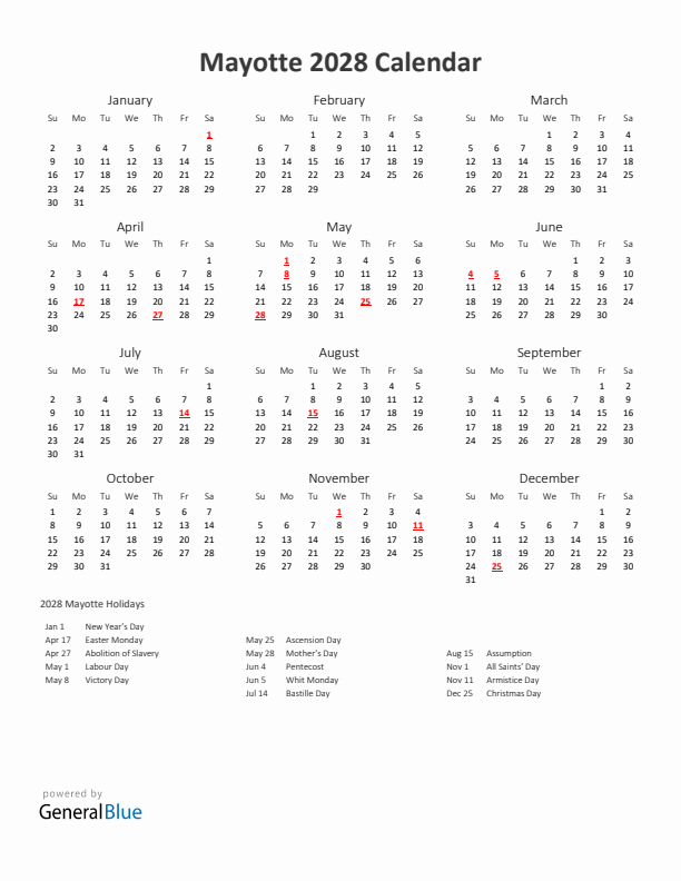 2028 Yearly Calendar Printable With Mayotte Holidays