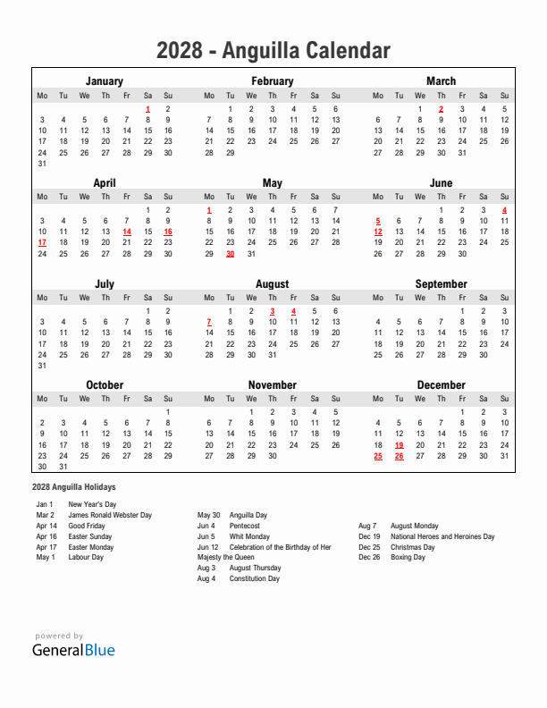 Year 2028 Simple Calendar With Holidays in Anguilla