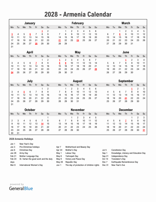 Year 2028 Simple Calendar With Holidays in Armenia