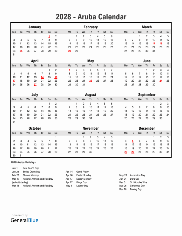 Year 2028 Simple Calendar With Holidays in Aruba