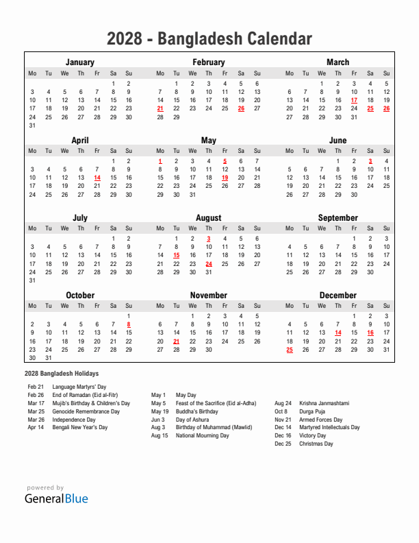 Year 2028 Simple Calendar With Holidays in Bangladesh