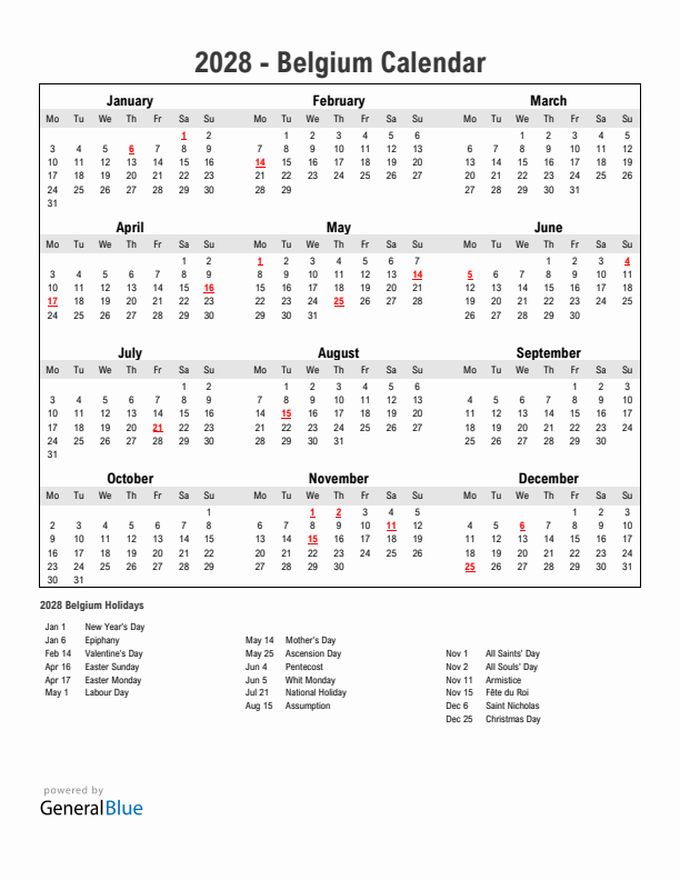 Year 2028 Simple Calendar With Holidays in Belgium