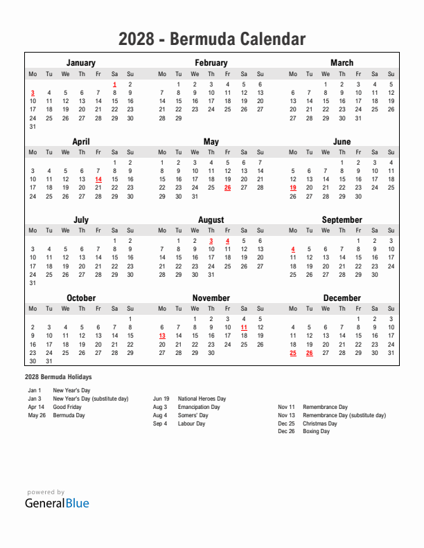 Year 2028 Simple Calendar With Holidays in Bermuda