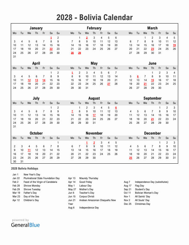 Year 2028 Simple Calendar With Holidays in Bolivia