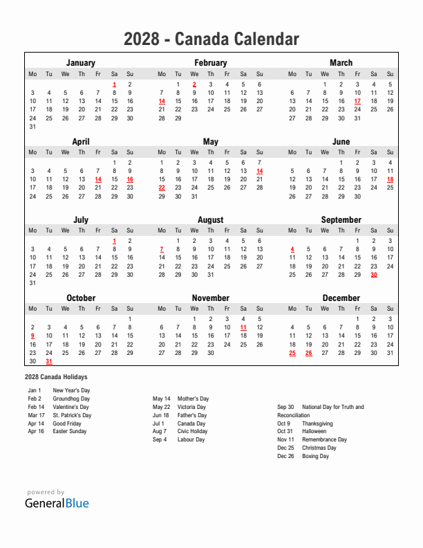 Year 2028 Simple Calendar With Holidays in Canada