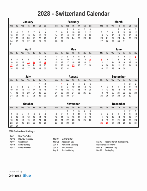 Year 2028 Simple Calendar With Holidays in Switzerland