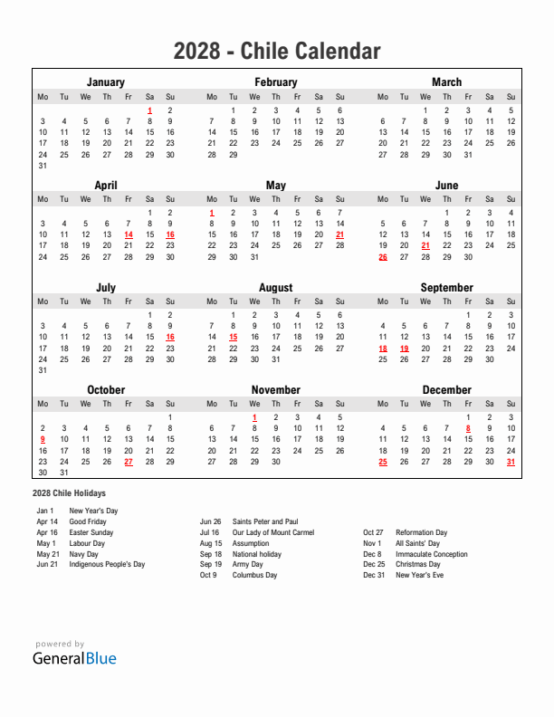 Year 2028 Simple Calendar With Holidays in Chile