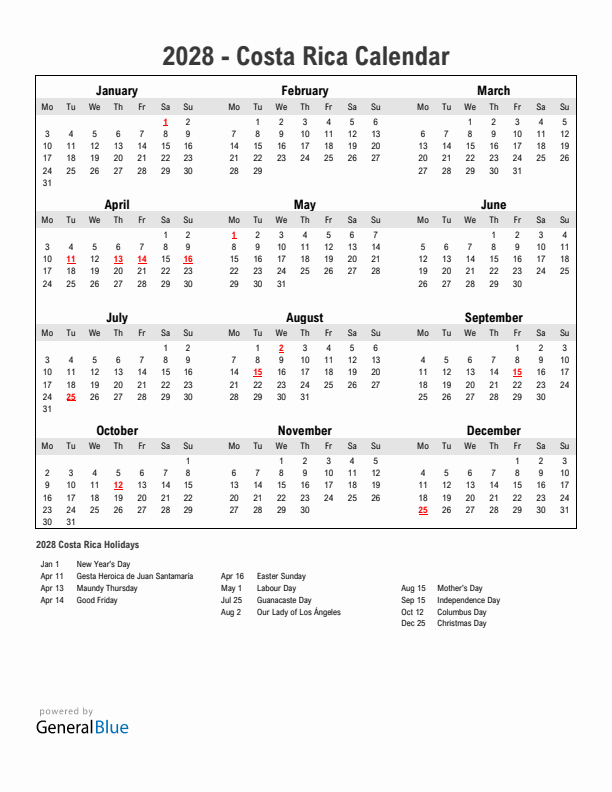 Year 2028 Simple Calendar With Holidays in Costa Rica