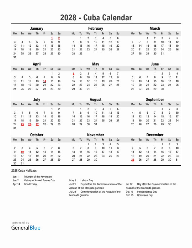 Year 2028 Simple Calendar With Holidays in Cuba