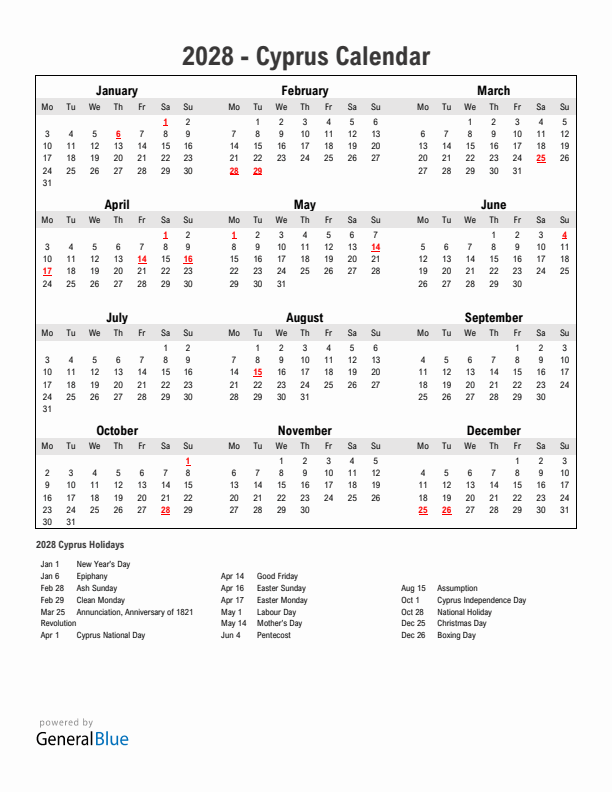 Year 2028 Simple Calendar With Holidays in Cyprus