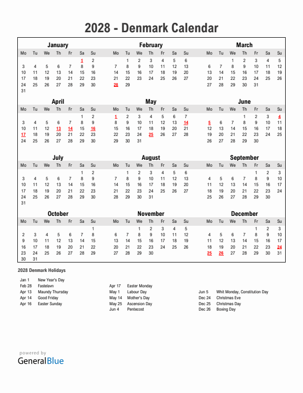 Year 2028 Simple Calendar With Holidays in Denmark