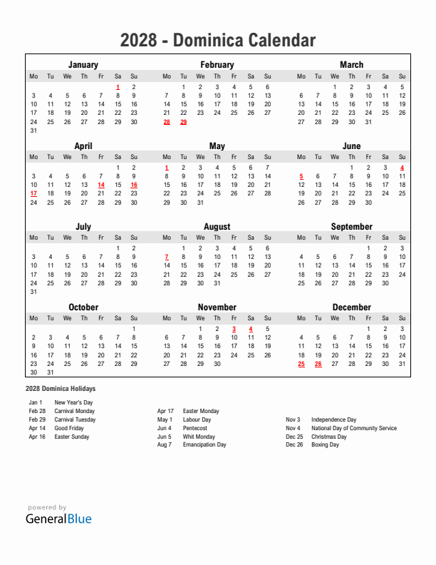 Year 2028 Simple Calendar With Holidays in Dominica